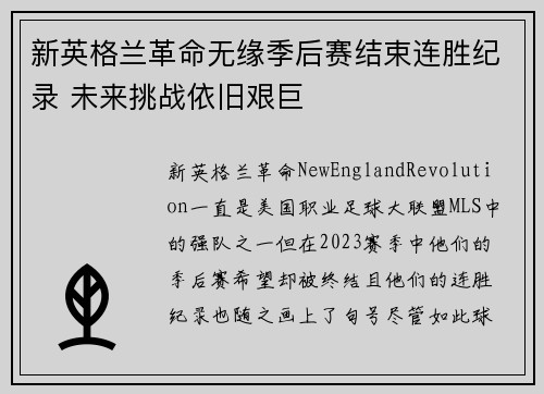 新英格兰革命无缘季后赛结束连胜纪录 未来挑战依旧艰巨 新英格兰革命无缘季后赛结束连胜纪录 未来挑战依旧艰巨