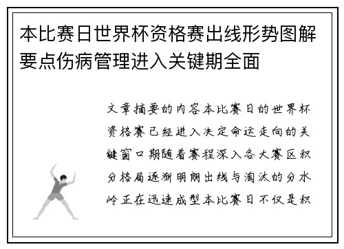 本比赛日世界杯资格赛出线形势图解要点伤病管理进入关键期全面