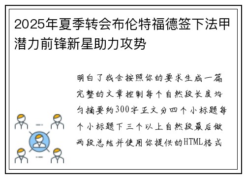 2025年夏季转会布伦特福德签下法甲潜力前锋新星助力攻势